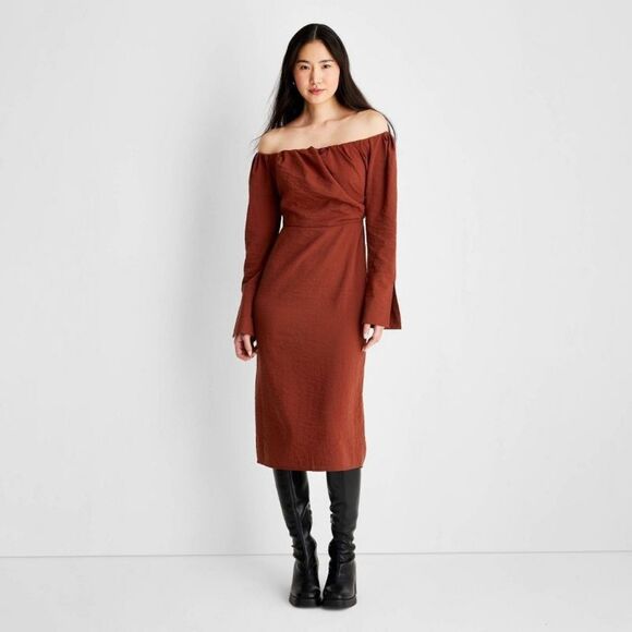 Future Collective Reese Blutstein Off Shoulder Long Sleeve Midi Dress in Rust 14 - Picture 1 of 11